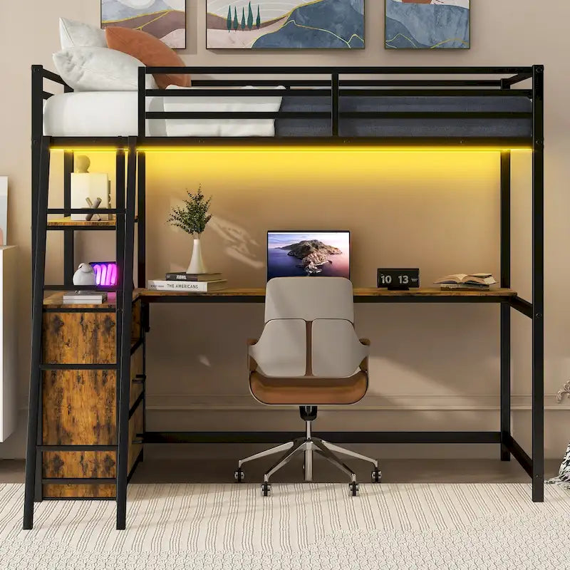 Lit mezzanine une place en métal et bois avec bureau et étagères