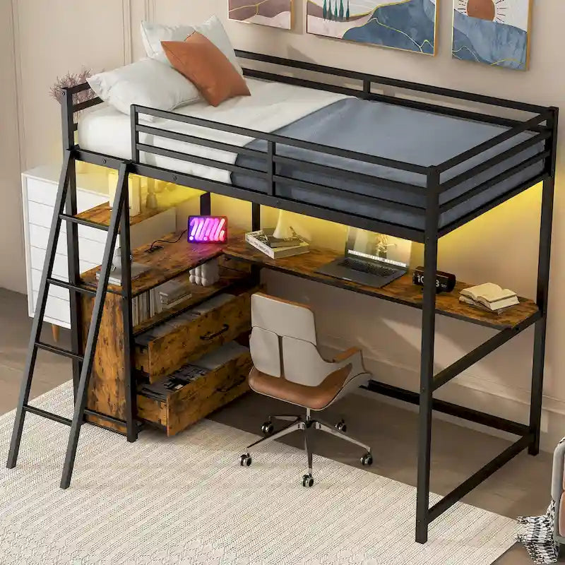 Lit mezzanine une place en métal et bois avec bureau et étagères