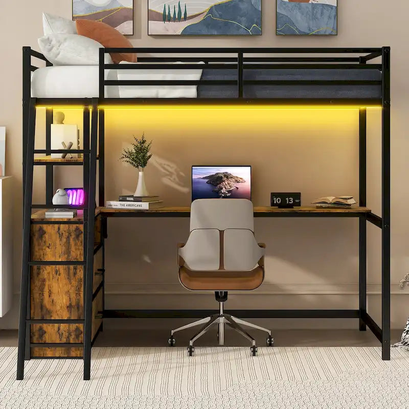 Lit mezzanine une place en métal et bois avec bureau et étagères