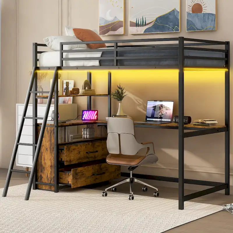Lit mezzanine une place en métal et bois avec bureau et étagères