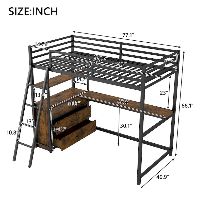 Lit mezzanine une place en métal et bois avec bureau et étagères