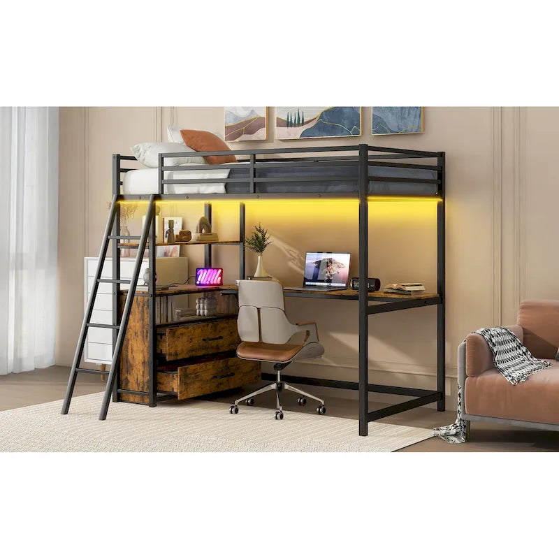 Lit mezzanine une place en métal et bois avec bureau et étagères