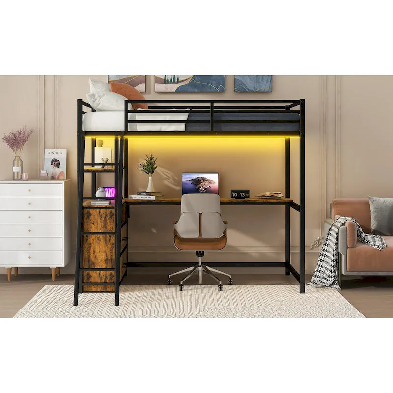 Lit mezzanine une place en métal et bois avec bureau et étagères