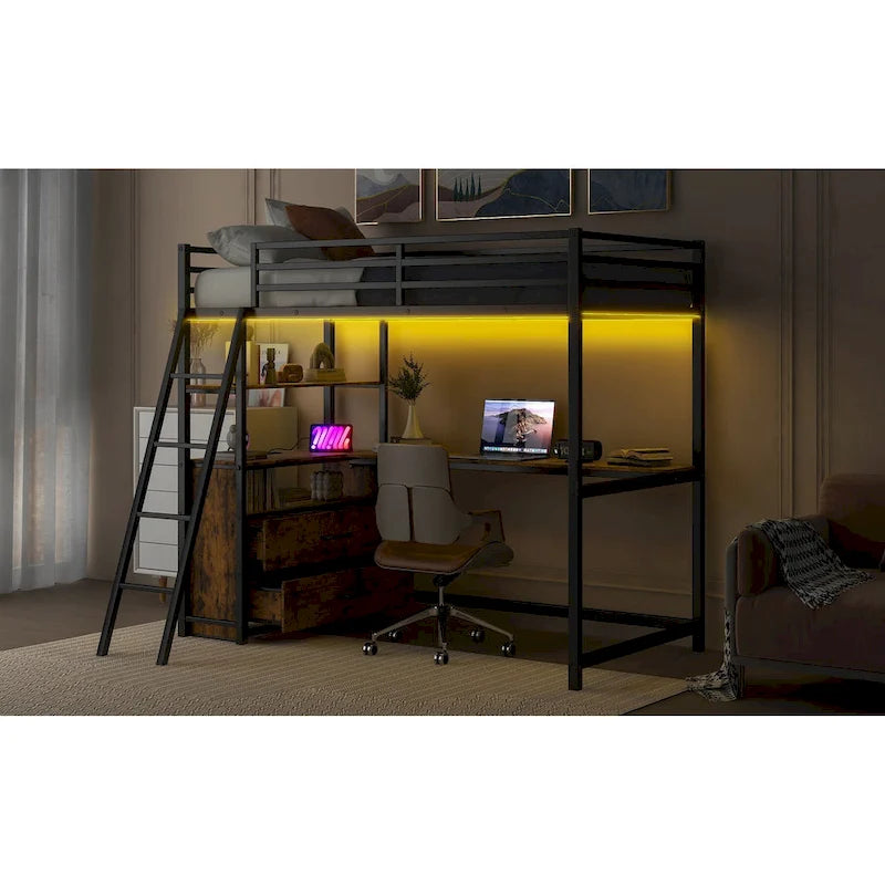 Lit mezzanine une place en métal et bois avec bureau et étagères
