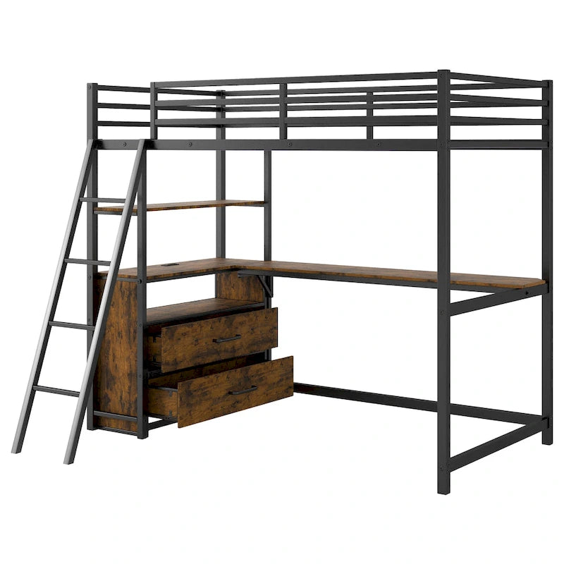 Lit mezzanine une place en métal et bois avec bureau et étagères