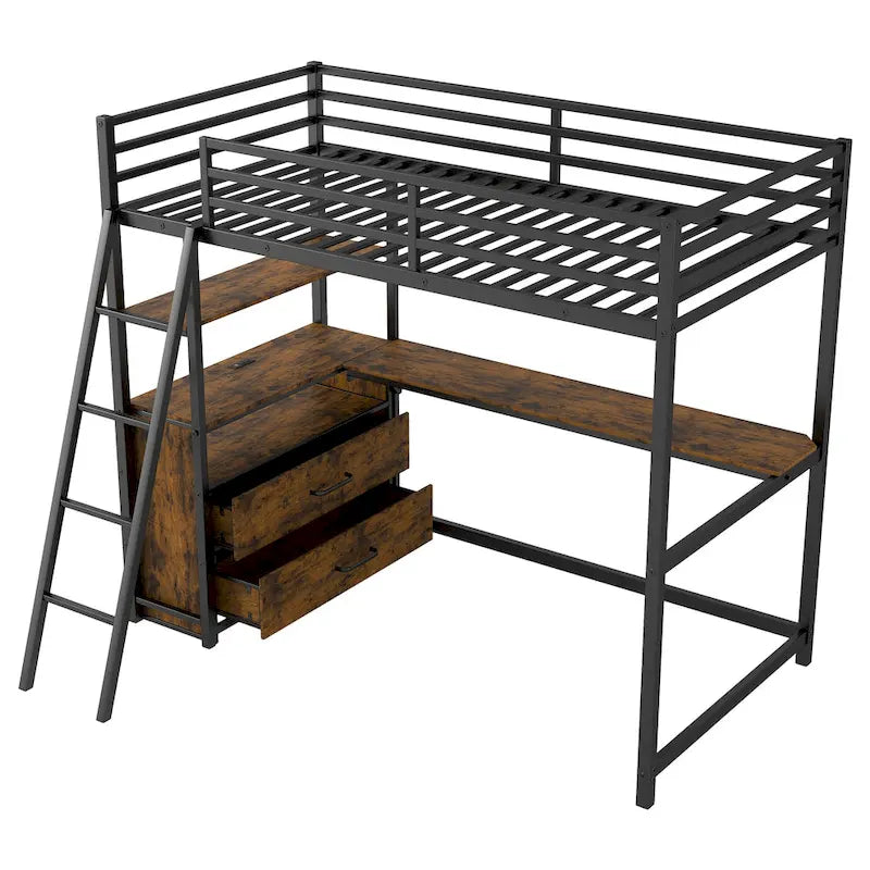Lit mezzanine une place en métal et bois avec bureau et étagères
