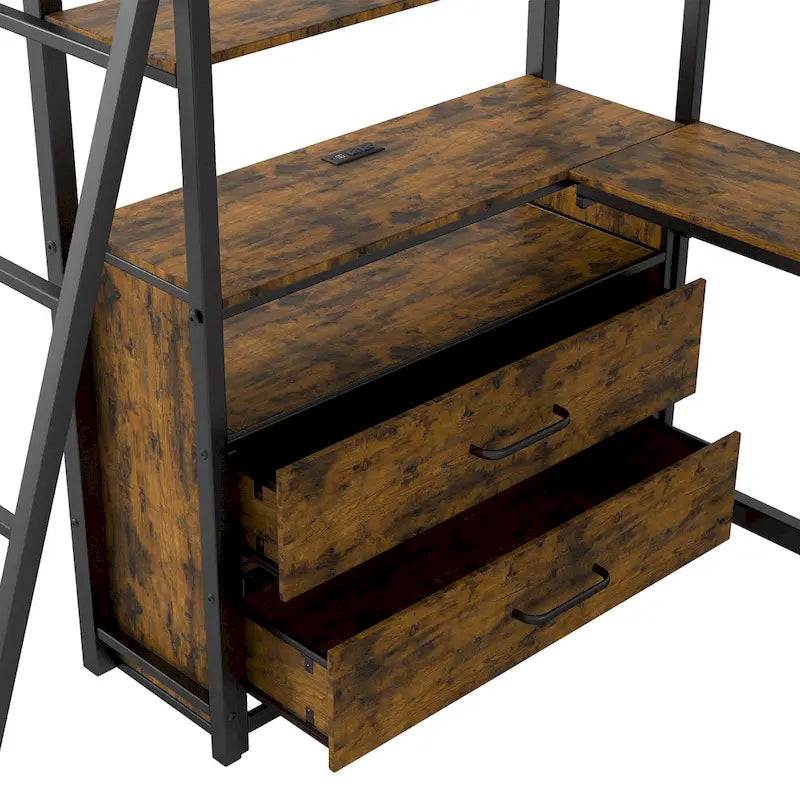 Lit mezzanine une place en métal et bois avec bureau et étagères