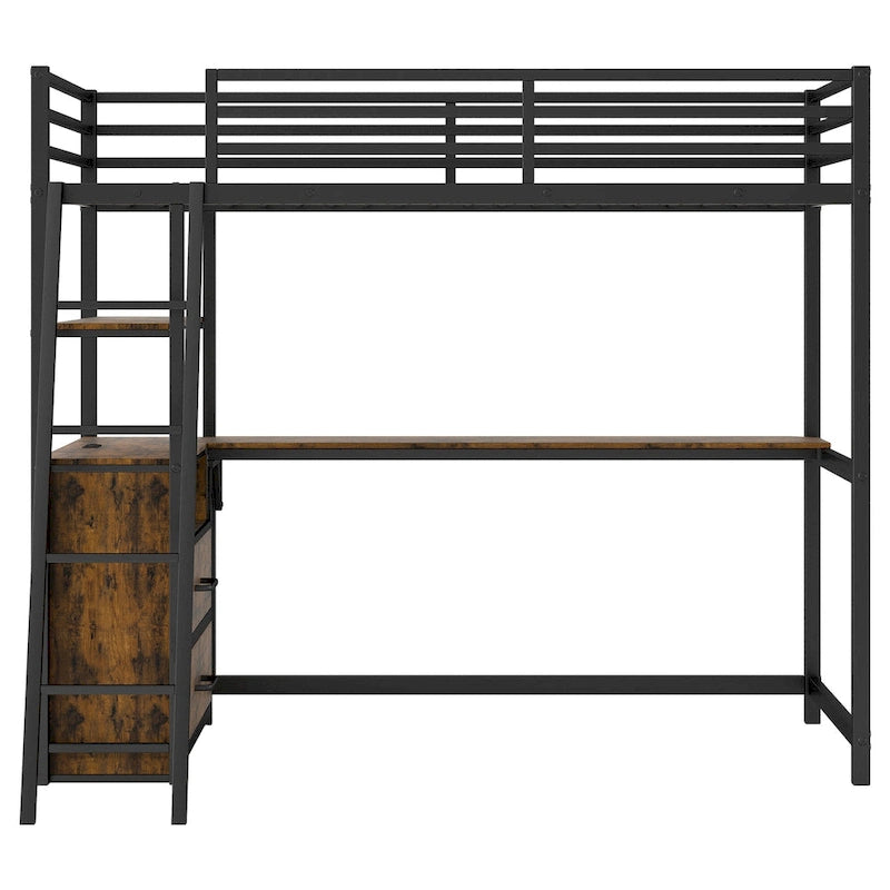 Lit mezzanine une place en métal et bois avec bureau et étagères