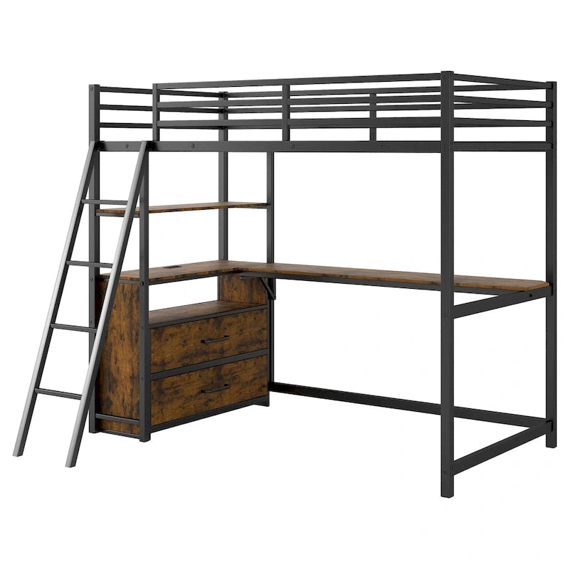 Lit mezzanine une place en métal et bois avec bureau et étagères