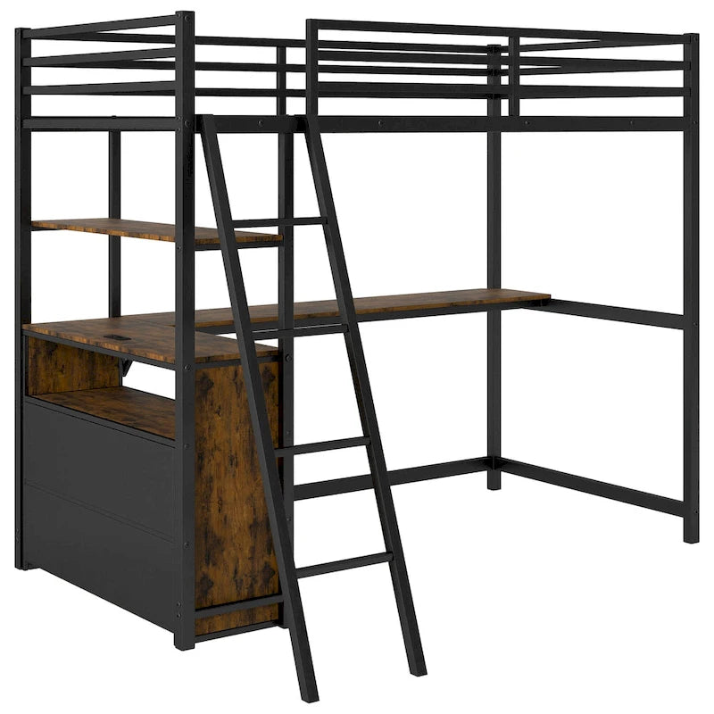 Lit mezzanine une place en métal et bois avec bureau et étagères