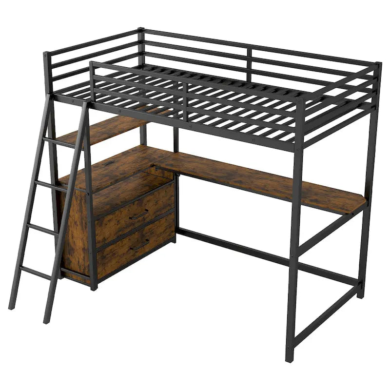 Lit mezzanine une place en métal et bois avec bureau et étagères