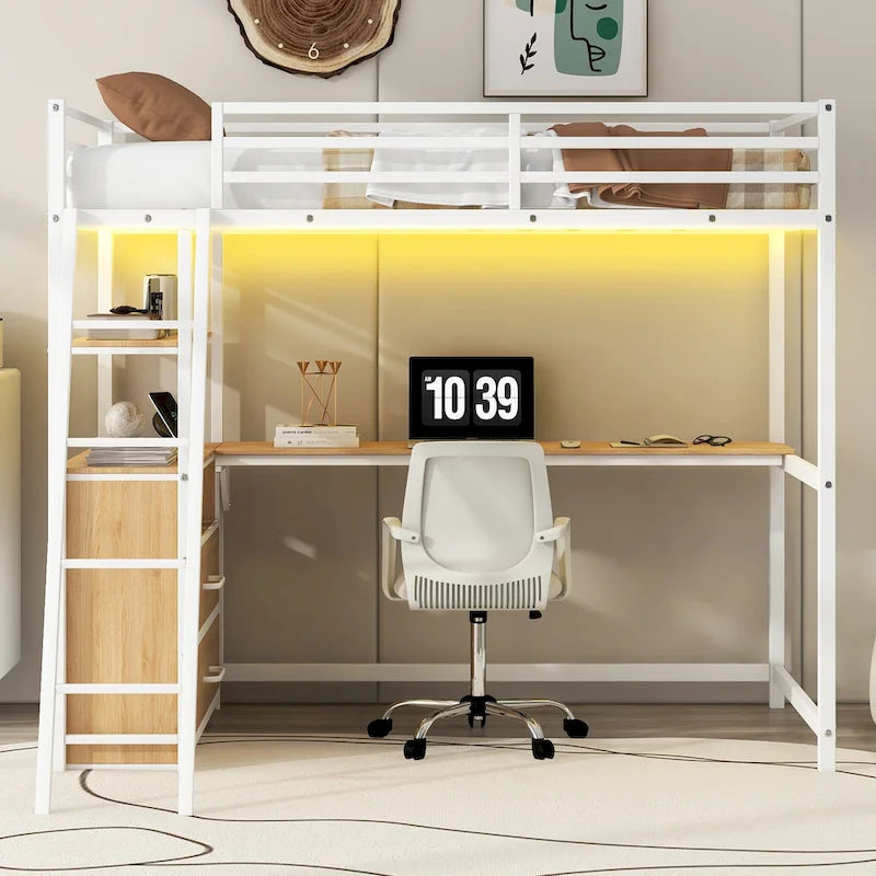 Lit mezzanine une place en métal et bois avec bureau et étagères