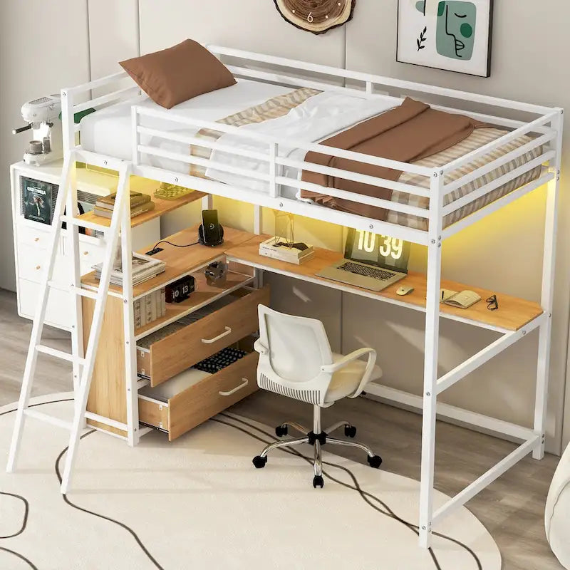 Lit mezzanine une place en métal et bois avec bureau et étagères