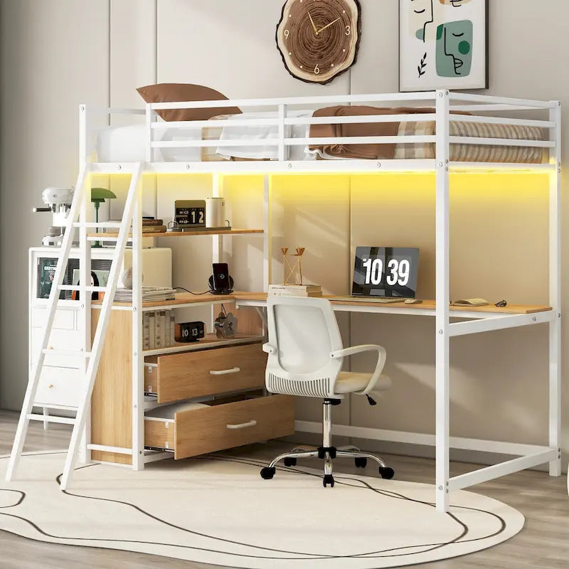 Lit mezzanine une place en métal et bois avec bureau et étagères