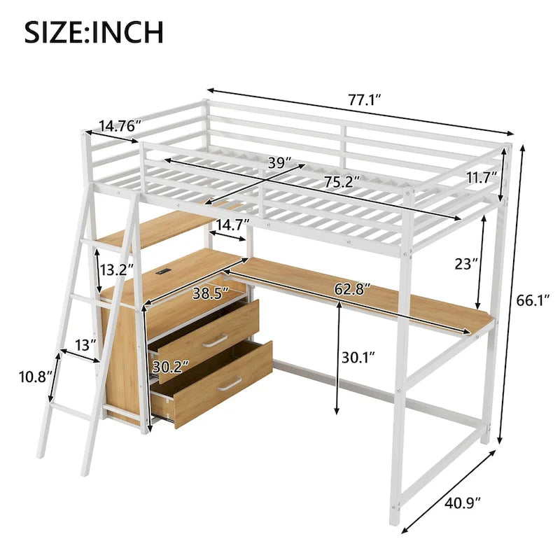 Lit mezzanine une place en métal et bois avec bureau et étagères
