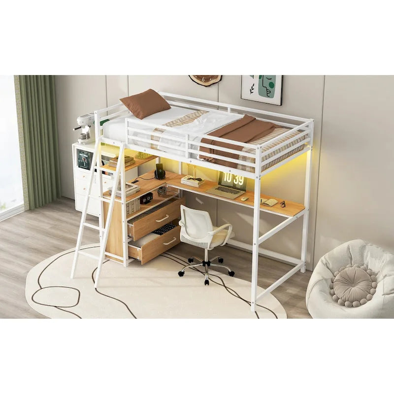 Lit mezzanine une place en métal et bois avec bureau et étagères