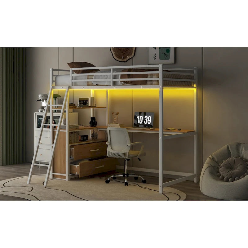 Lit mezzanine une place en métal et bois avec bureau et étagères
