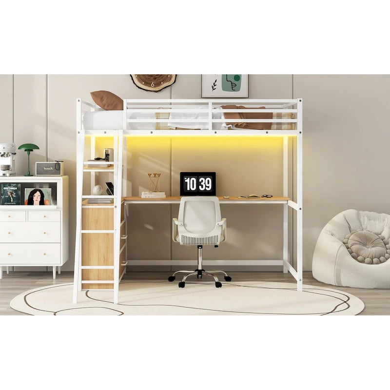 Lit mezzanine une place en métal et bois avec bureau et étagères