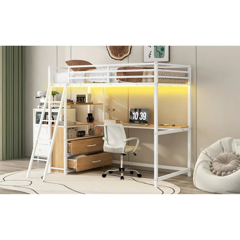 Lit mezzanine une place en métal et bois avec bureau et étagères