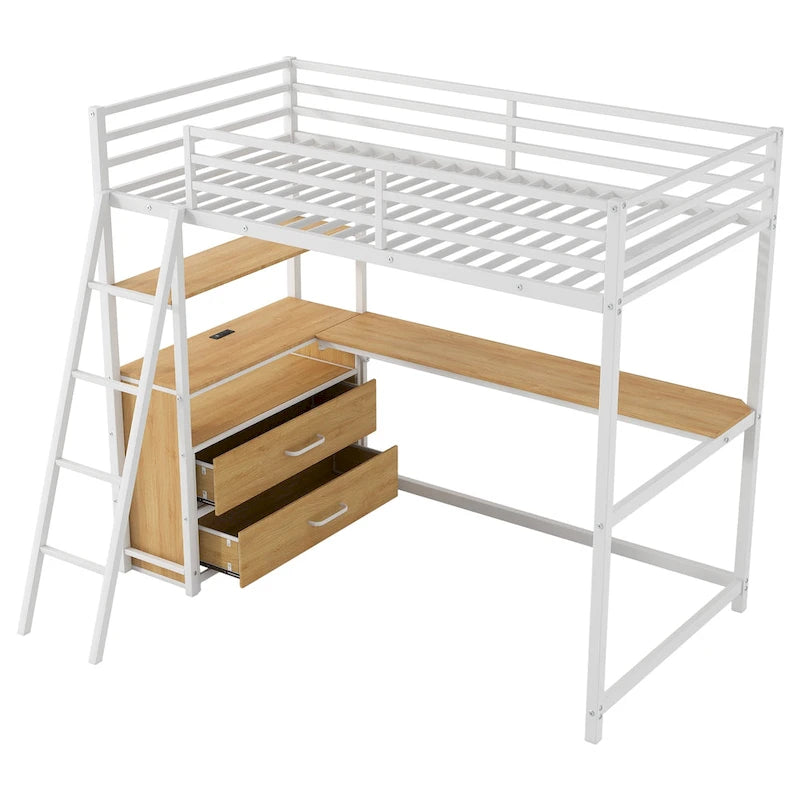 Lit mezzanine une place en métal et bois avec bureau et étagères