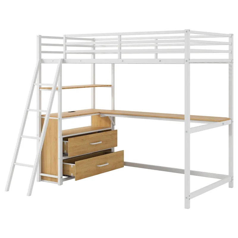 Lit mezzanine une place en métal et bois avec bureau et étagères