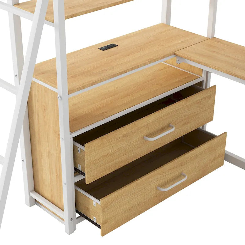 Lit mezzanine une place en métal et bois avec bureau et étagères