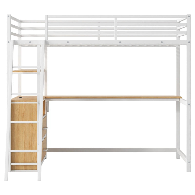 Lit mezzanine une place en métal et bois avec bureau et étagères