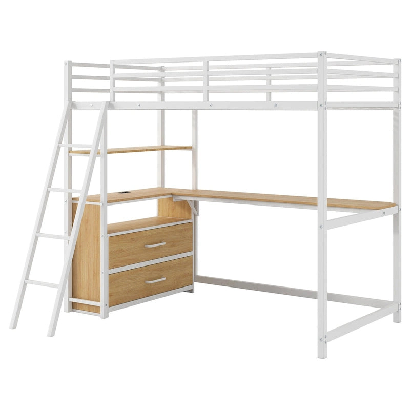 Lit mezzanine une place en métal et bois avec bureau et étagères