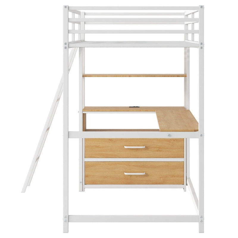 Lit mezzanine une place en métal et bois avec bureau et étagères