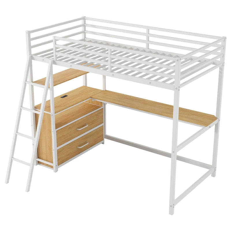 Lit mezzanine une place en métal et bois avec bureau et étagères