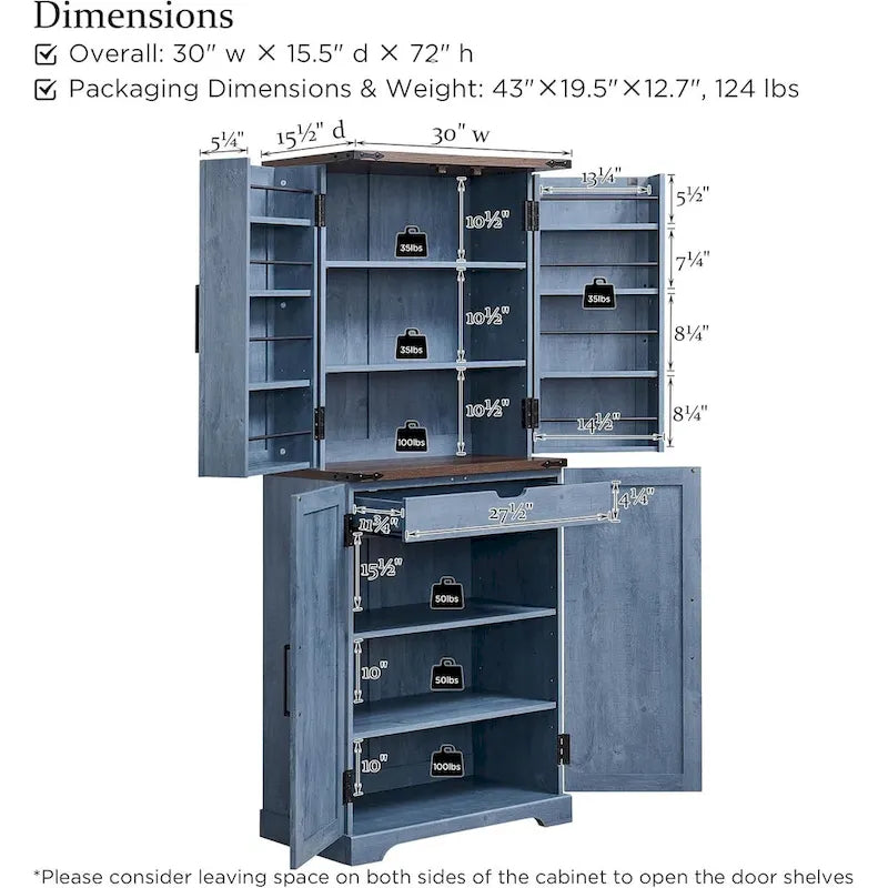 72 Garde-manger de cuisine de style campagnard, armoire de rangement avec portes coulissantes de grange - N/A