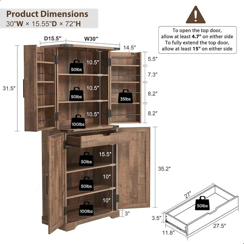 72 Garde-manger de cuisine de style campagnard, armoire de rangement avec portes coulissantes de grange - N/A