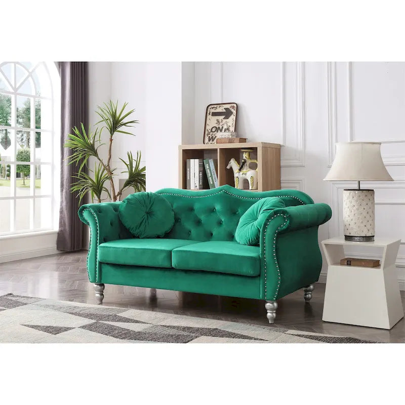Canapé deux places en velours avec 2 coussins décoratifs - 68 L x 35 l x 34 H