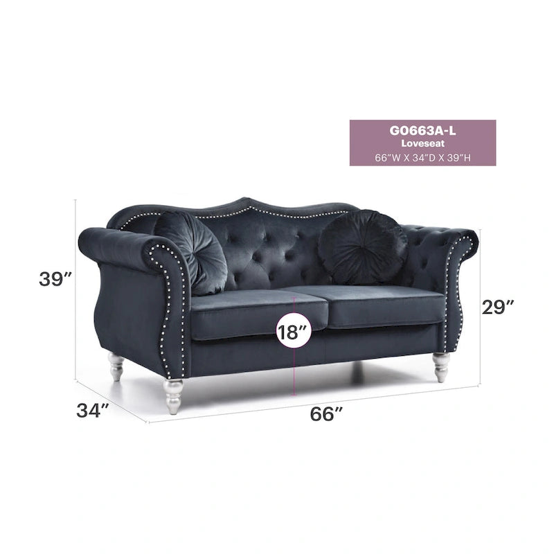 Canapé deux places en velours avec 2 coussins décoratifs - 68 L x 35 l x 34 H