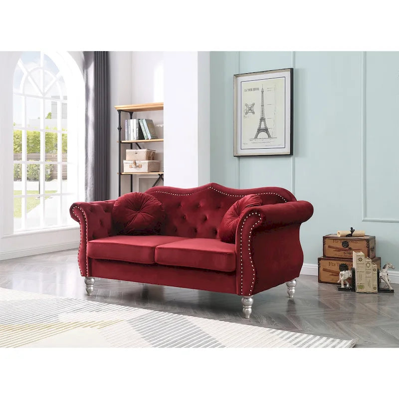 Canapé deux places en velours avec 2 coussins décoratifs - 68 L x 35 l x 34 H