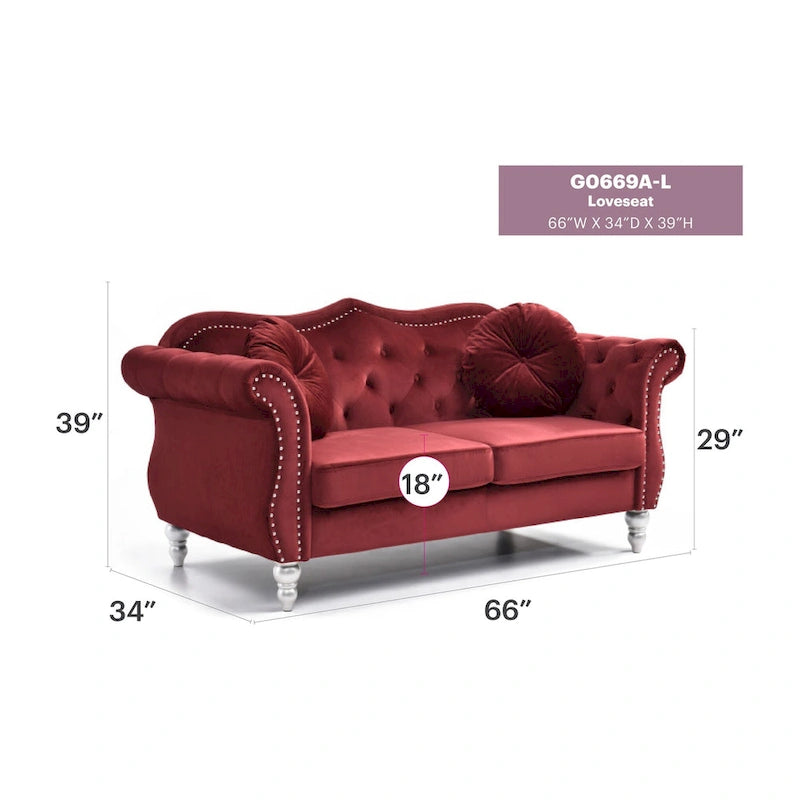 Canapé deux places en velours avec 2 coussins décoratifs - 68 L x 35 l x 34 H