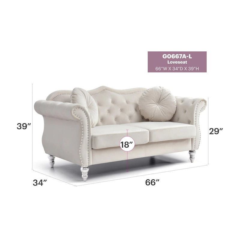 Canapé deux places en velours avec 2 coussins décoratifs - 68 L x 35 l x 34 H