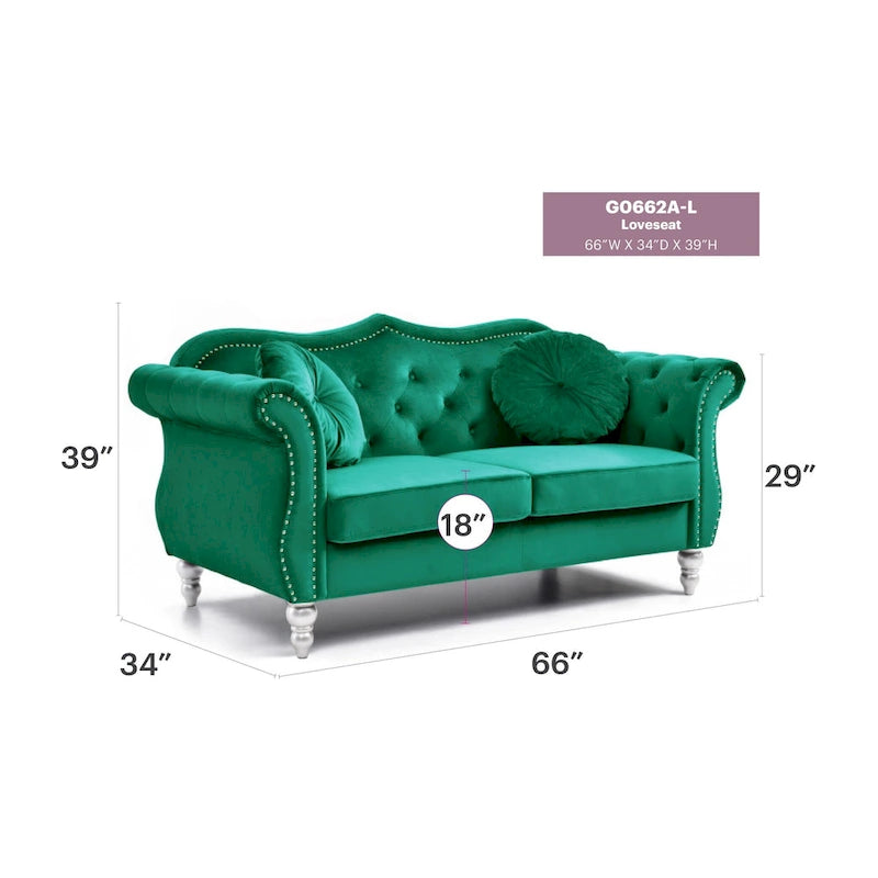 Canapé deux places en velours avec 2 coussins décoratifs - 68 L x 35 l x 34 H