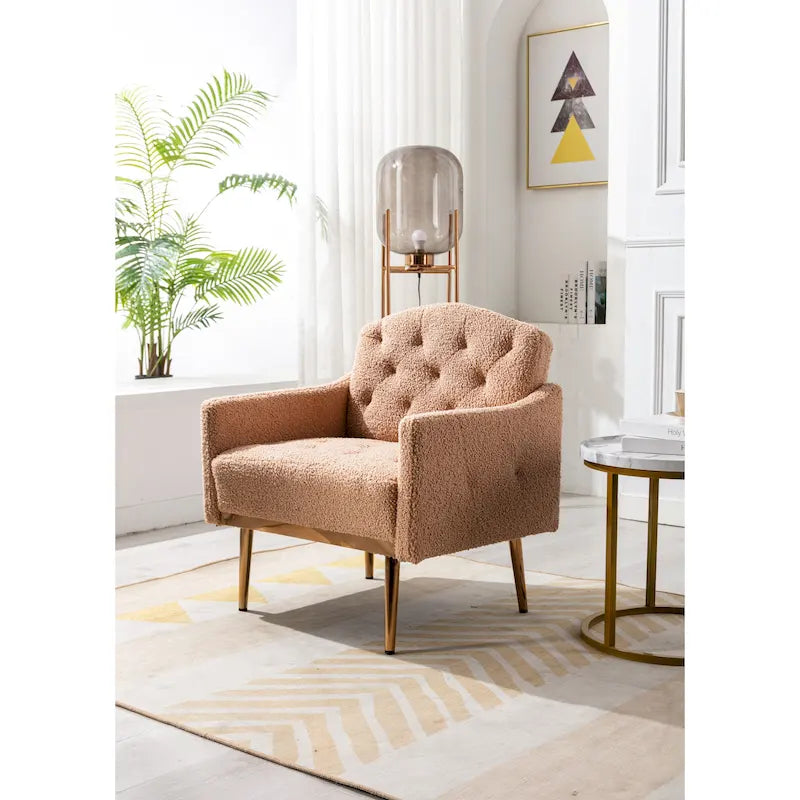 Fauteuil d'appoint capitonné en tissu avec pieds couleur or rose