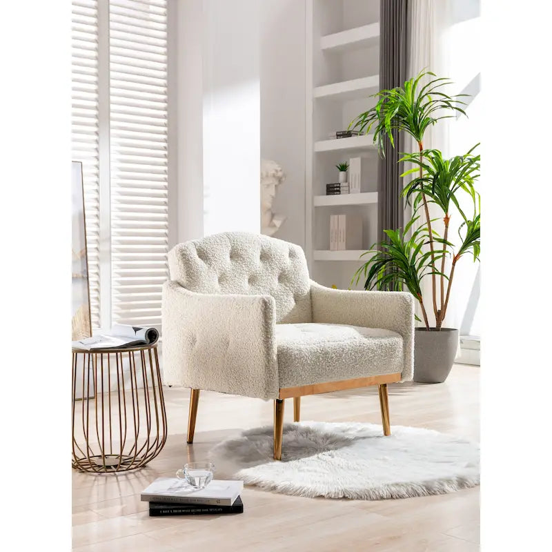 Fauteuil d'appoint capitonné en tissu avec pieds couleur or rose