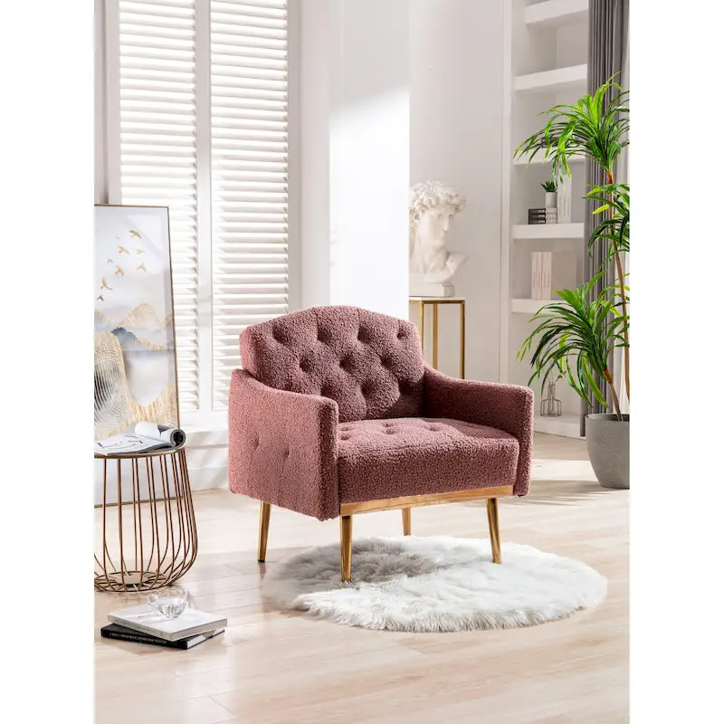 Fauteuil d'appoint capitonné en tissu avec pieds couleur or rose