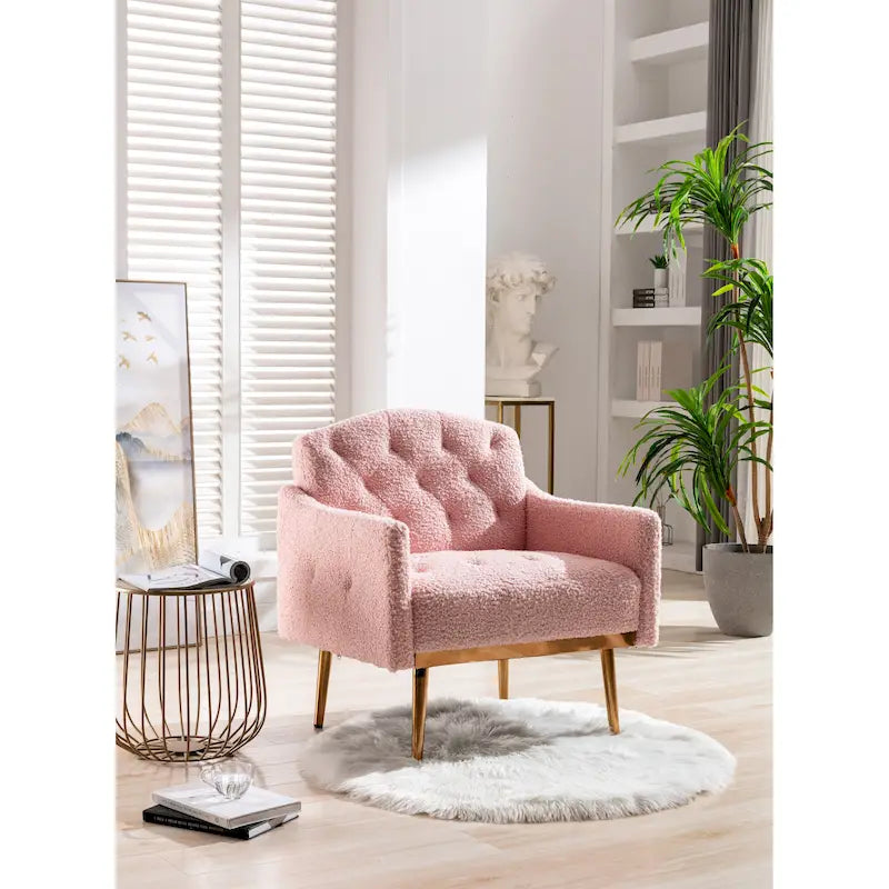 Fauteuil d'appoint capitonné en tissu avec pieds couleur or rose
