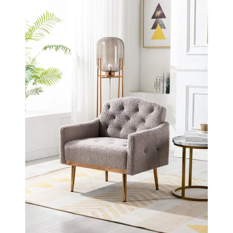 Fauteuil d'appoint capitonné en tissu avec pieds couleur or rose