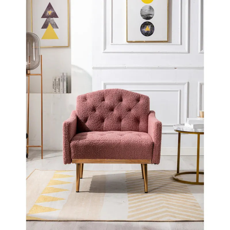 Fauteuil d'appoint capitonné en tissu avec pieds couleur or rose