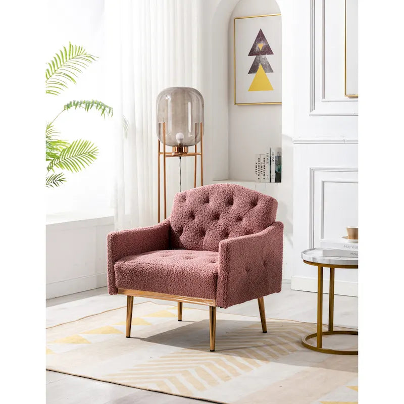 Fauteuil d'appoint capitonné en tissu avec pieds couleur or rose
