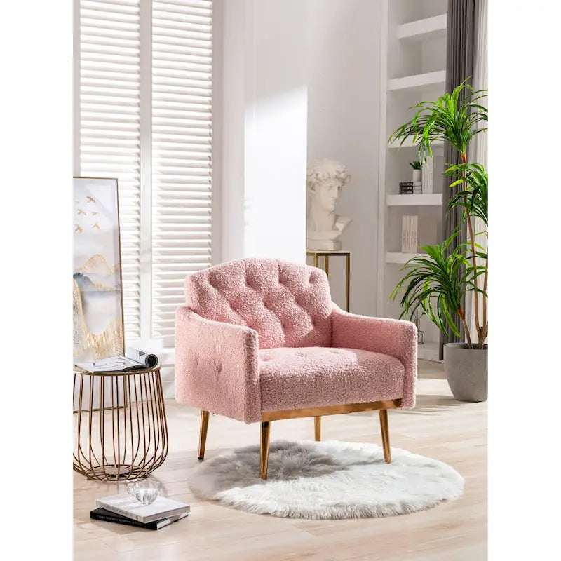 Fauteuil d'appoint capitonné en tissu avec pieds couleur or rose