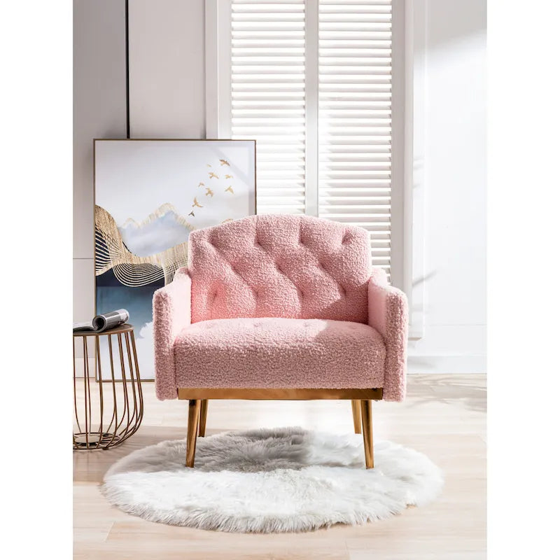 Fauteuil d'appoint capitonné en tissu avec pieds couleur or rose