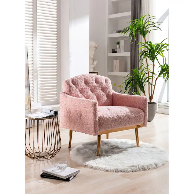 Fauteuil d'appoint capitonné en tissu avec pieds couleur or rose