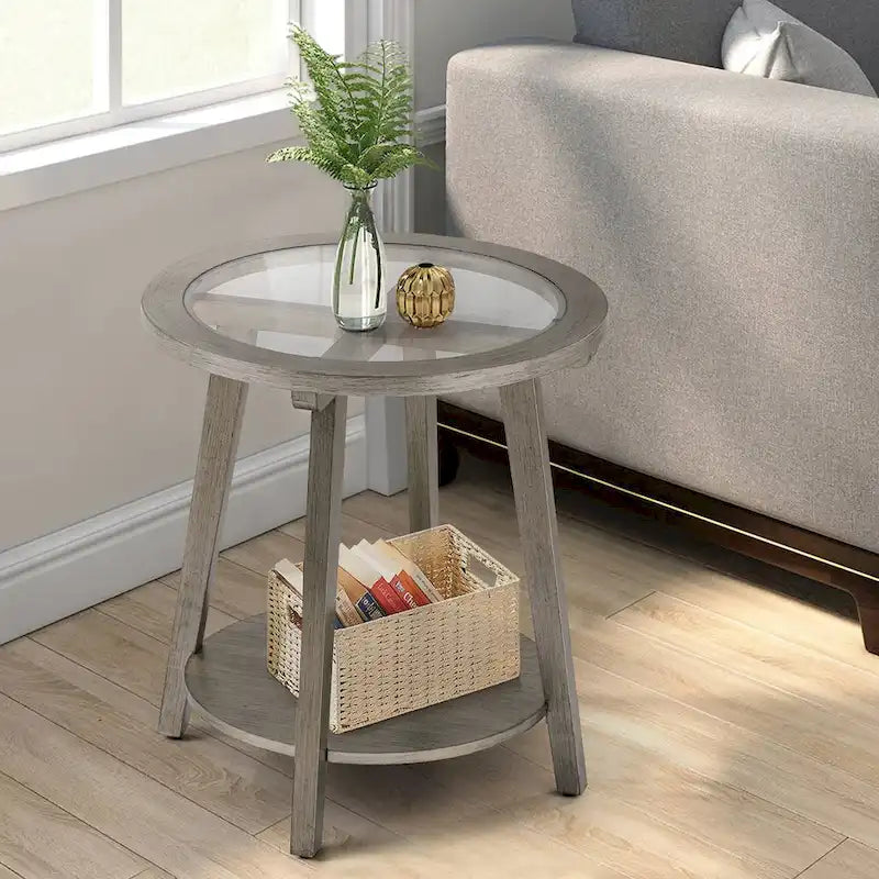 Table basse ronde à deux niveaux en verre et argent pour salon