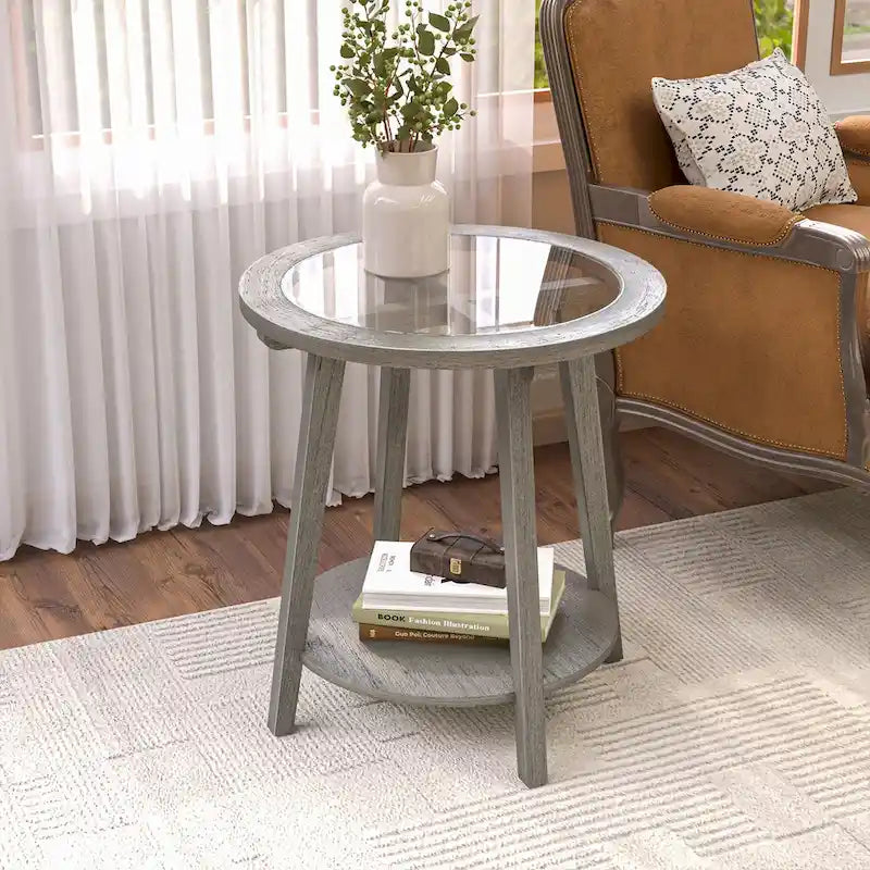 Table basse ronde à deux niveaux en verre et argent pour salon